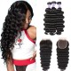 Hurela 3 Bundles With 4x4 Lace Closure Malaysian Loose Deep Wave Hair Free Part Natural Color